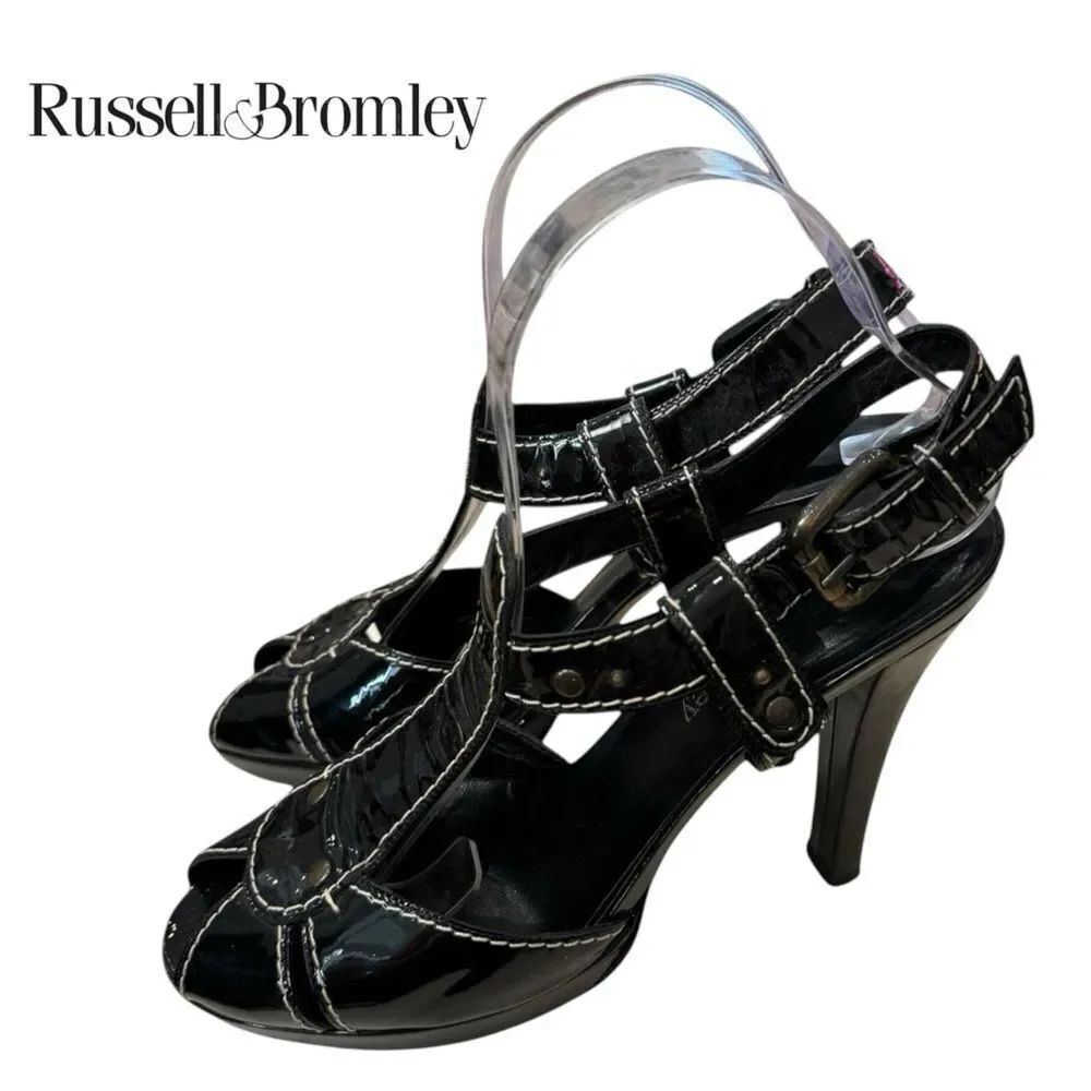 Ruseell & Bromley Women's Black Patent Platform England Italian Sandals Heels 38